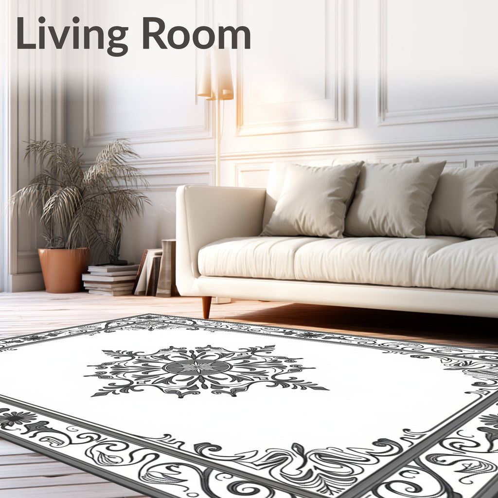 Ornate Gray Floral Mandala Frame Rug