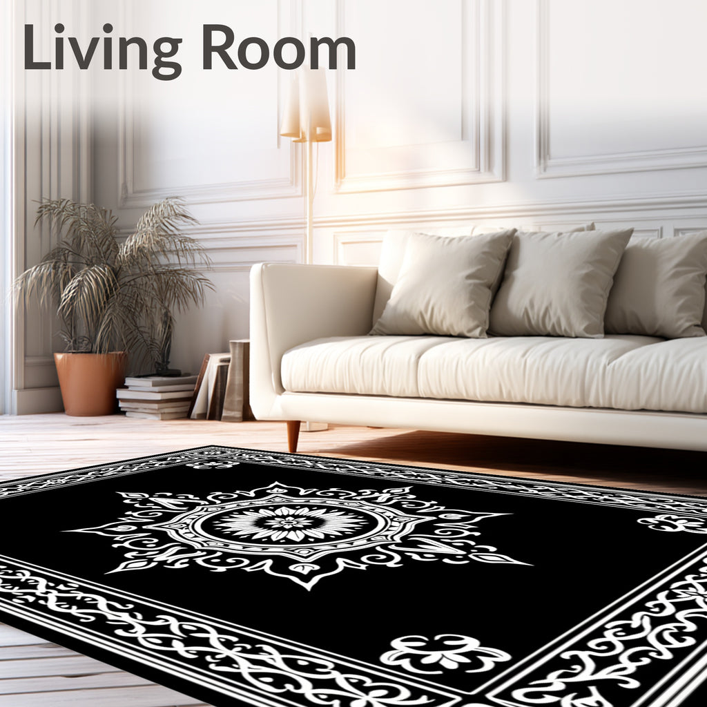 Black White Ornate Floral Medallion Frame Rug