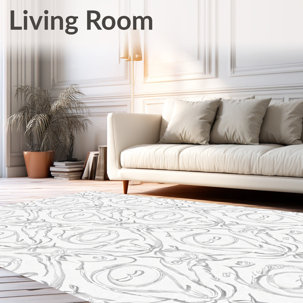 Silver Baroque Scroll Floral Rug