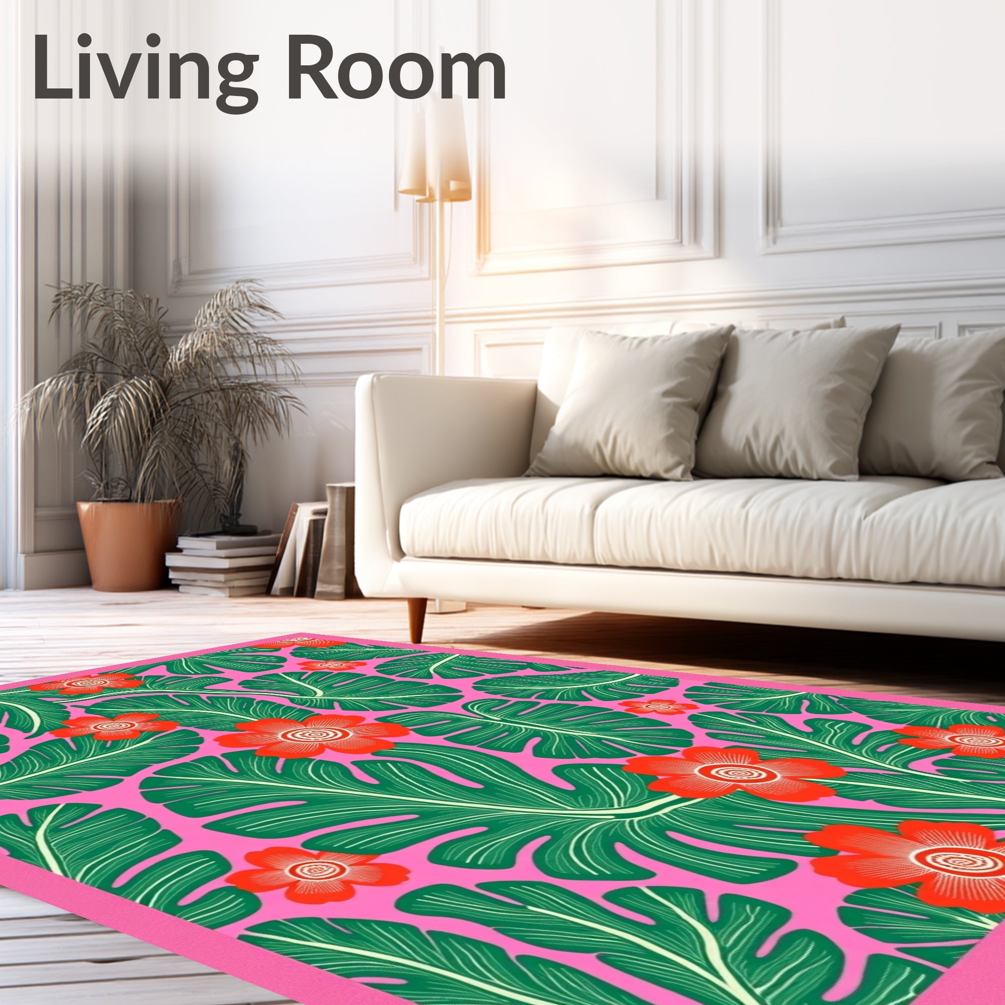 Vibrant tropical foliage with red flower accents Rug