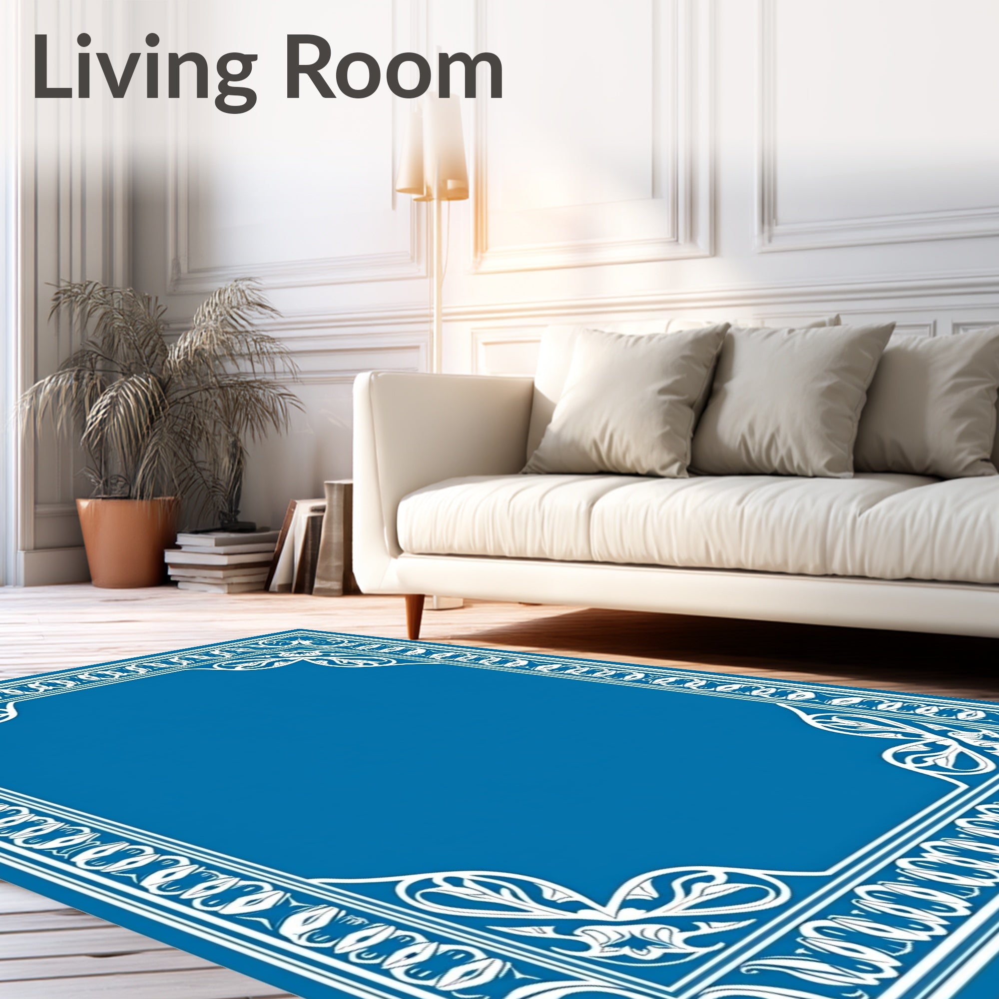 Deep Blue Ornate Floral Border Rug