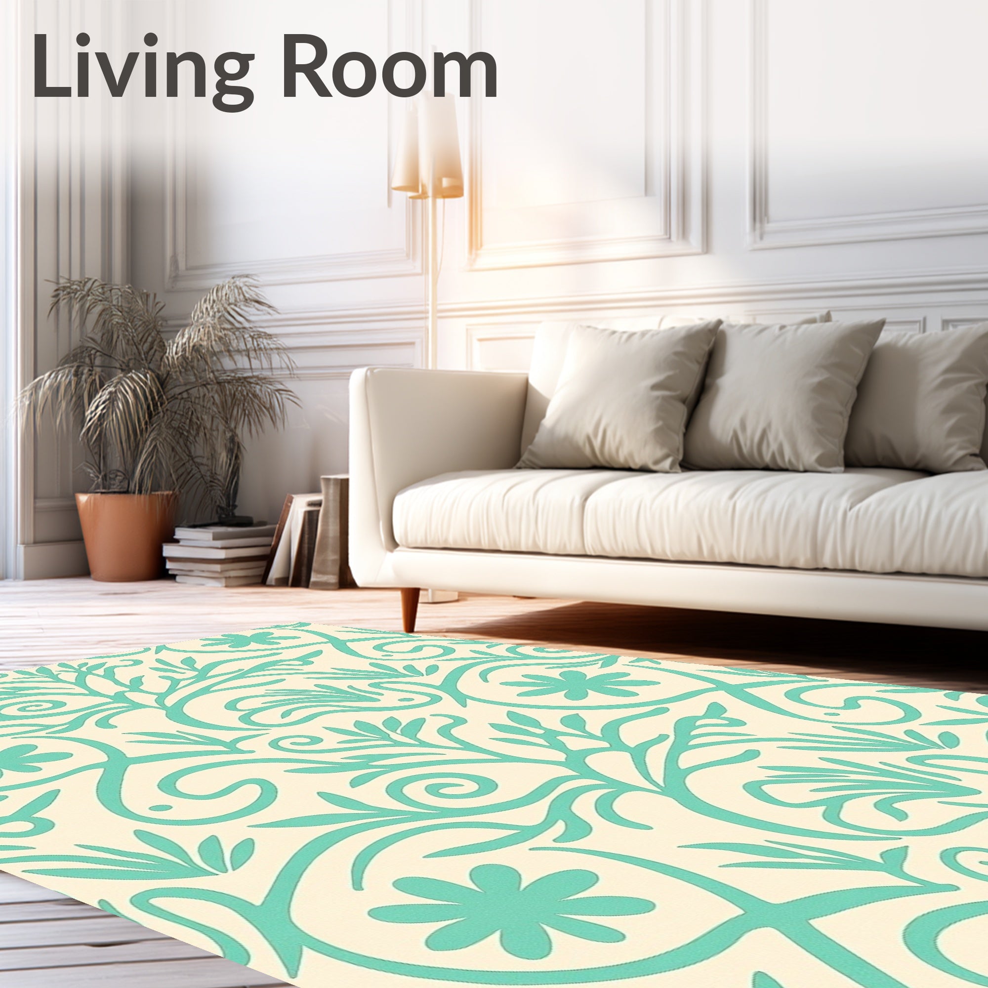 Cream And Teal Floral Swirls Rug
