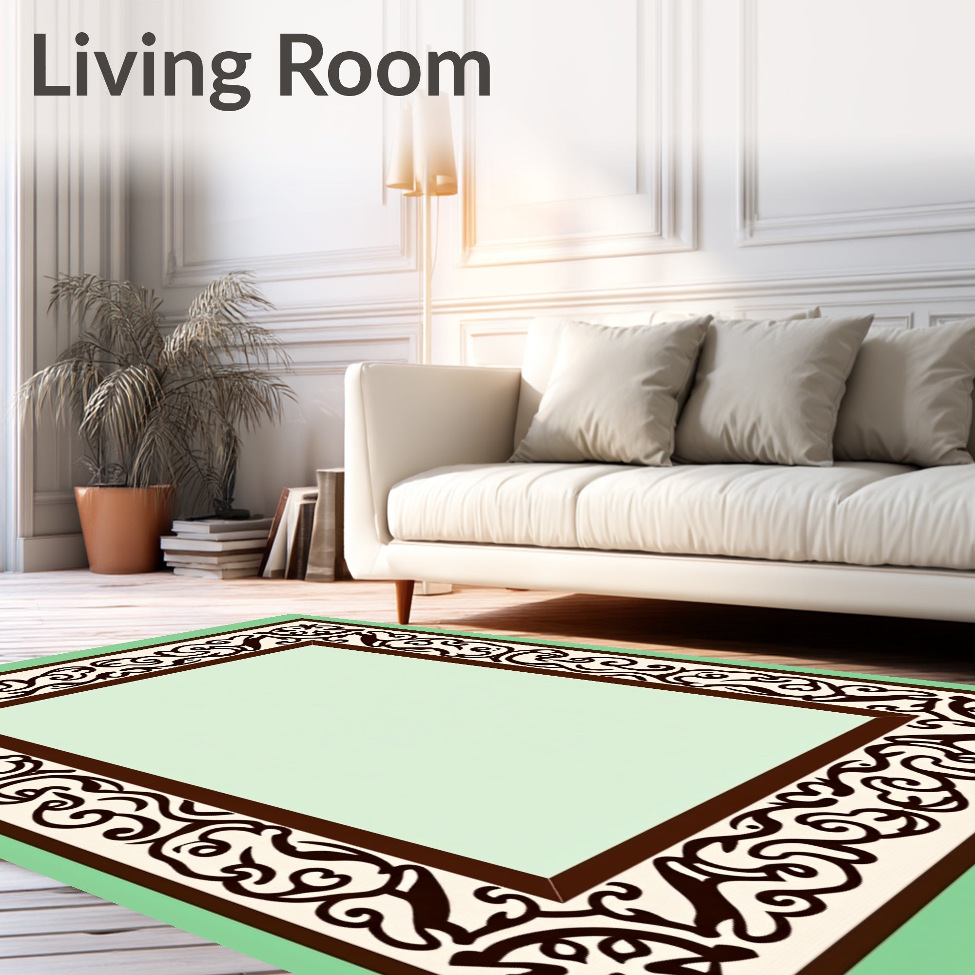 Dark Brown Cream Abstract Scroll Border Rug