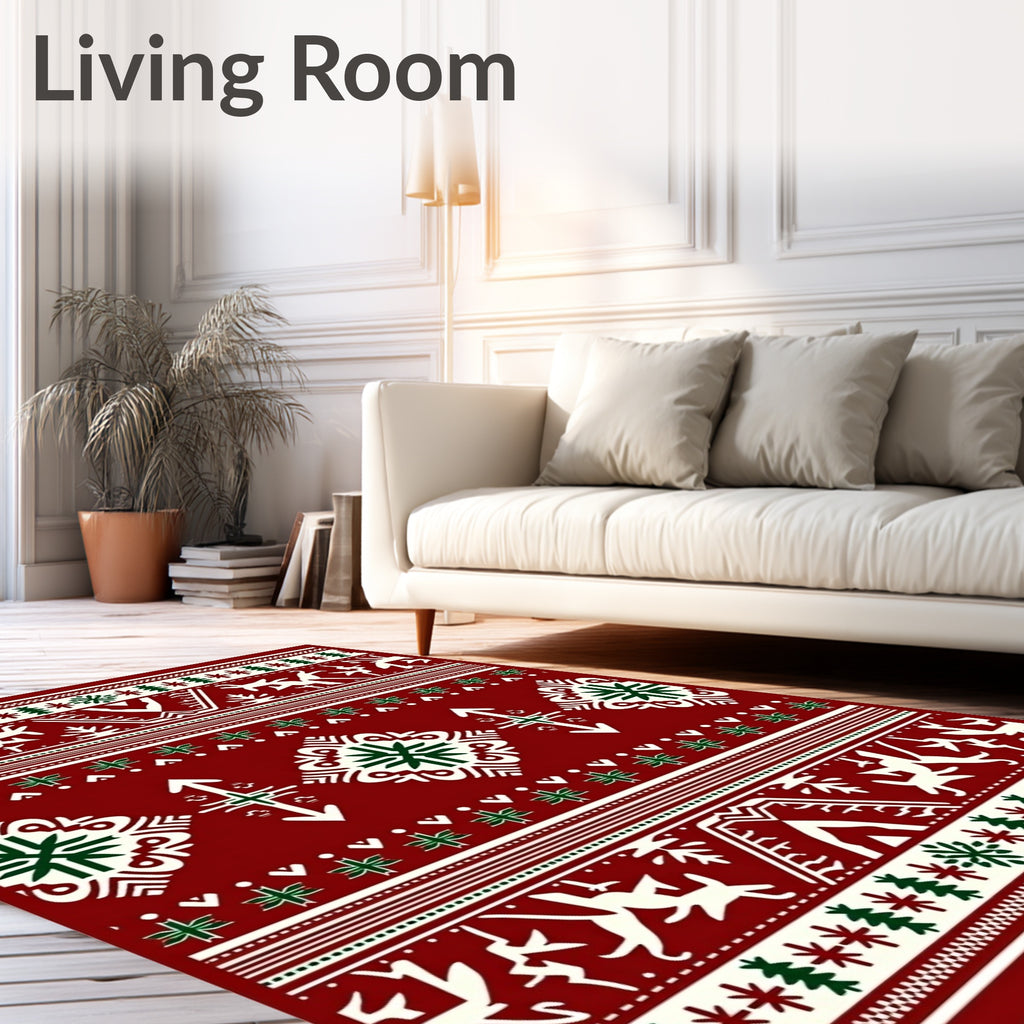 Cherry Red Folk Art Animals Snowflakes Rug