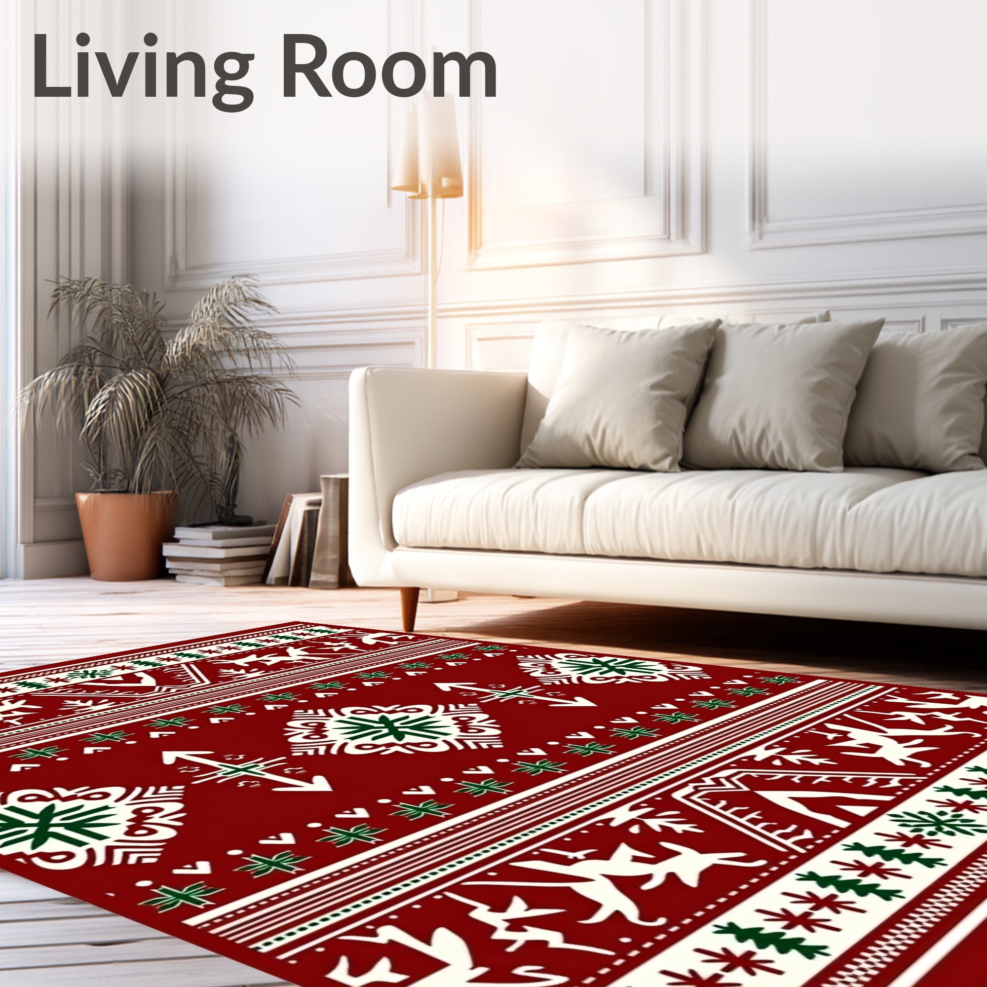 Cherry Red Folk Art Animals Snowflakes Rug
