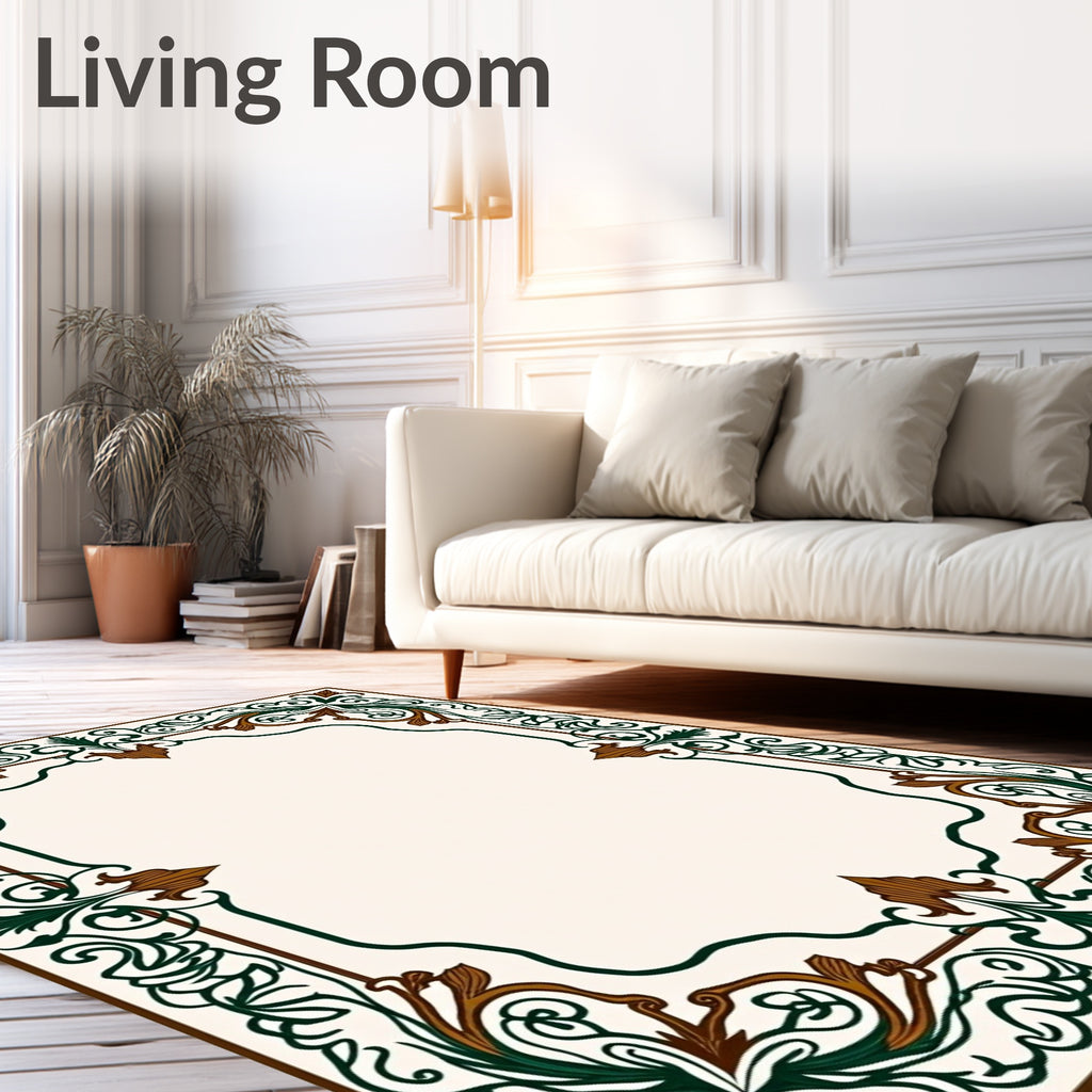 Ornate Green and Brown Scrollwork Border Rug