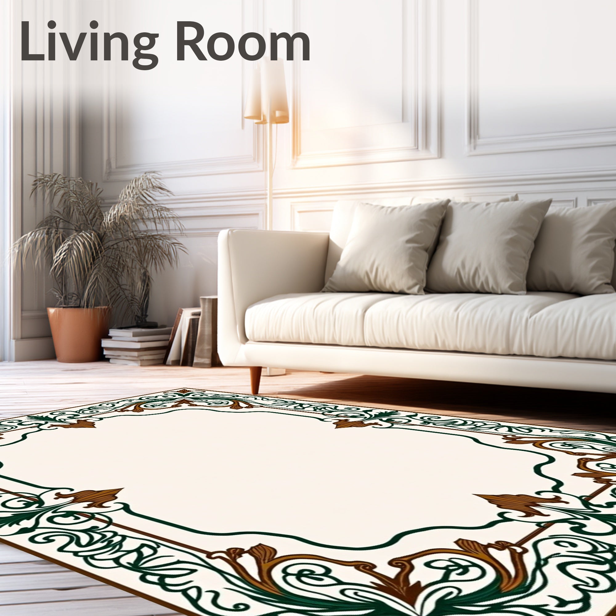 Ornate Green and Brown Scrollwork Border Rug