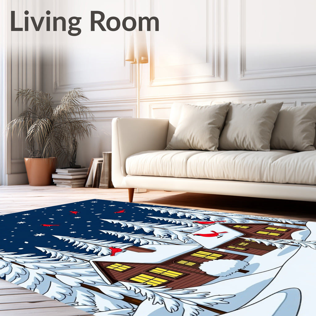Red Cardinals Winter Snow Cabins Rug