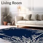 Navy White Botanical Frame Rug