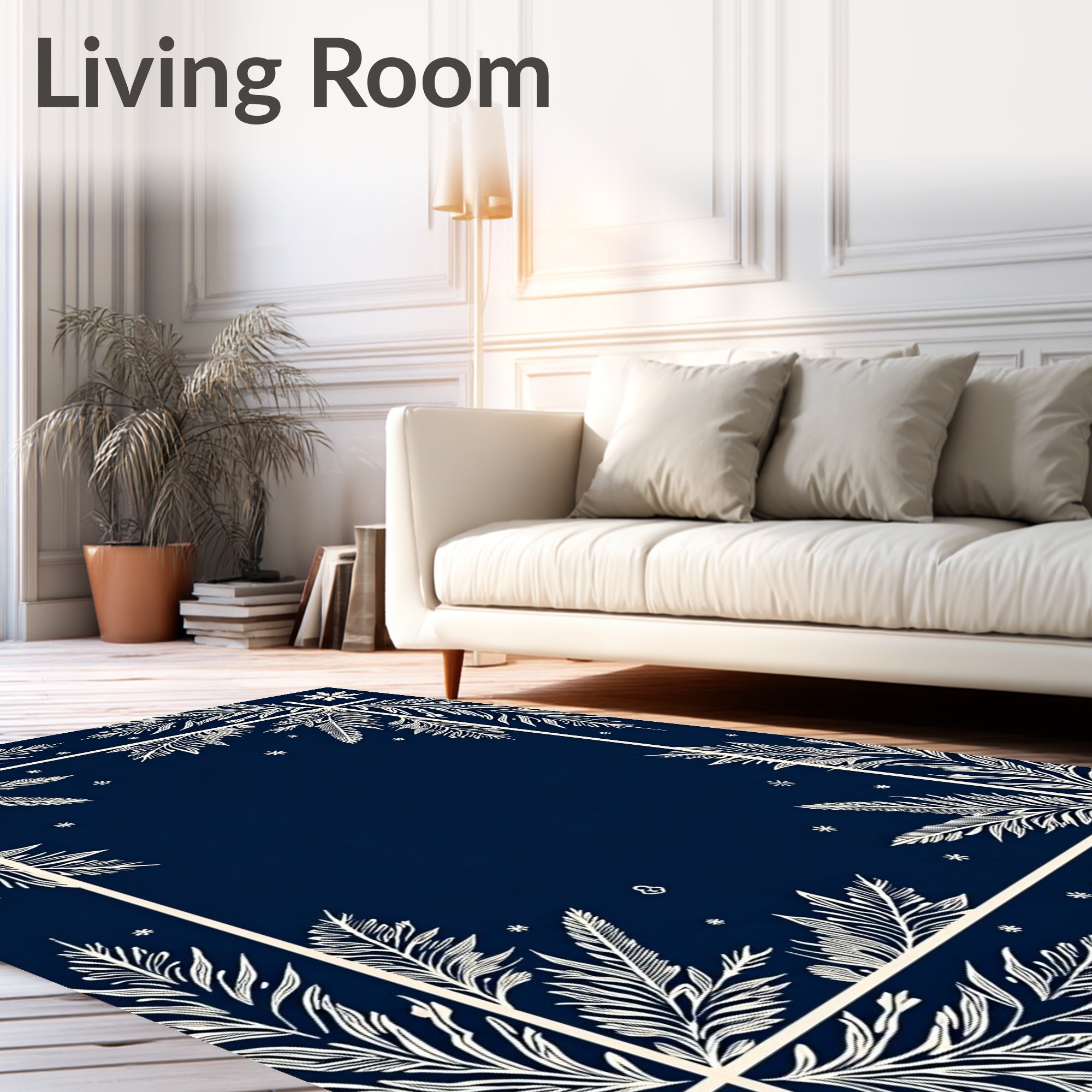 Navy White Botanical Frame Rug