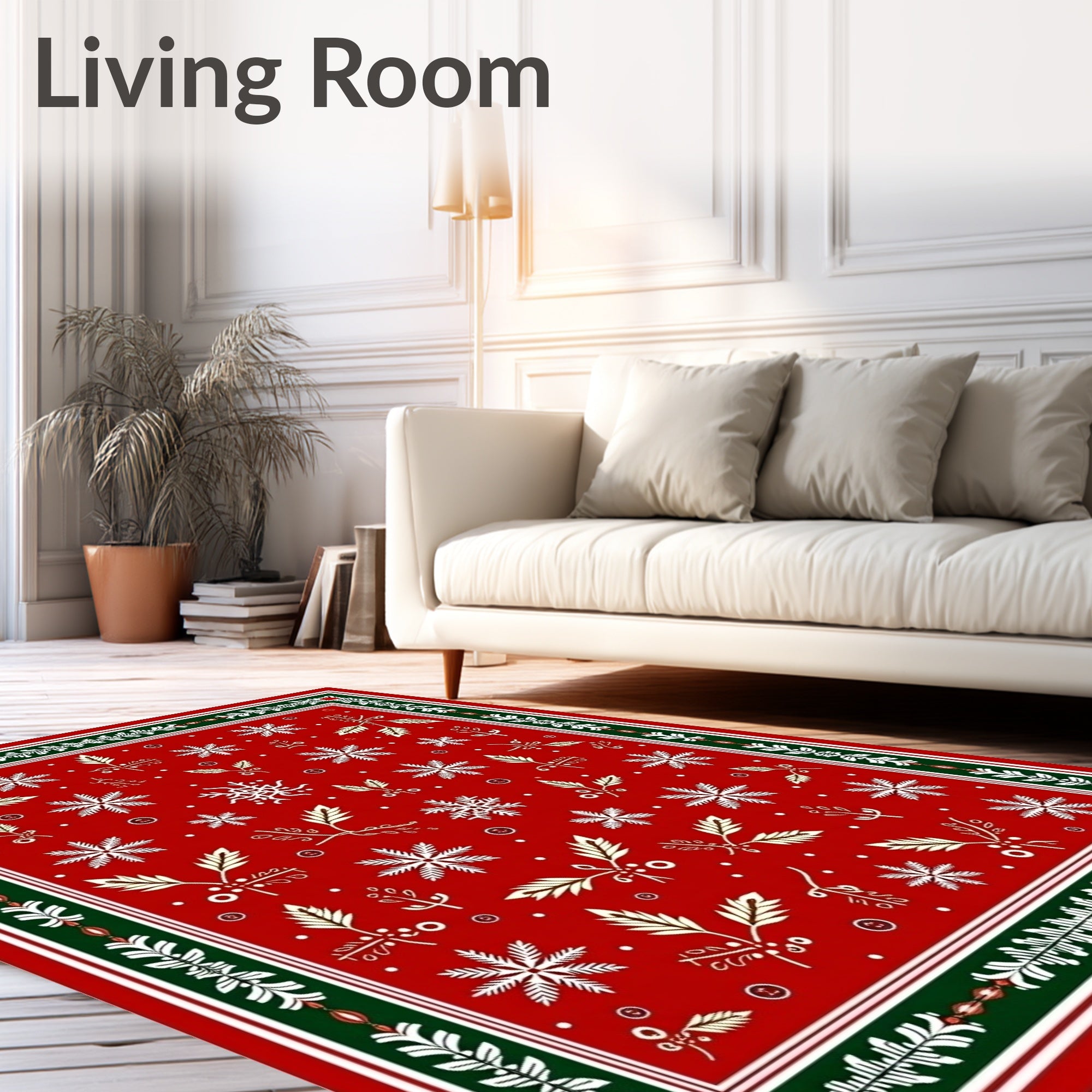 Red White Gold Snowflake Holly Border Rug
