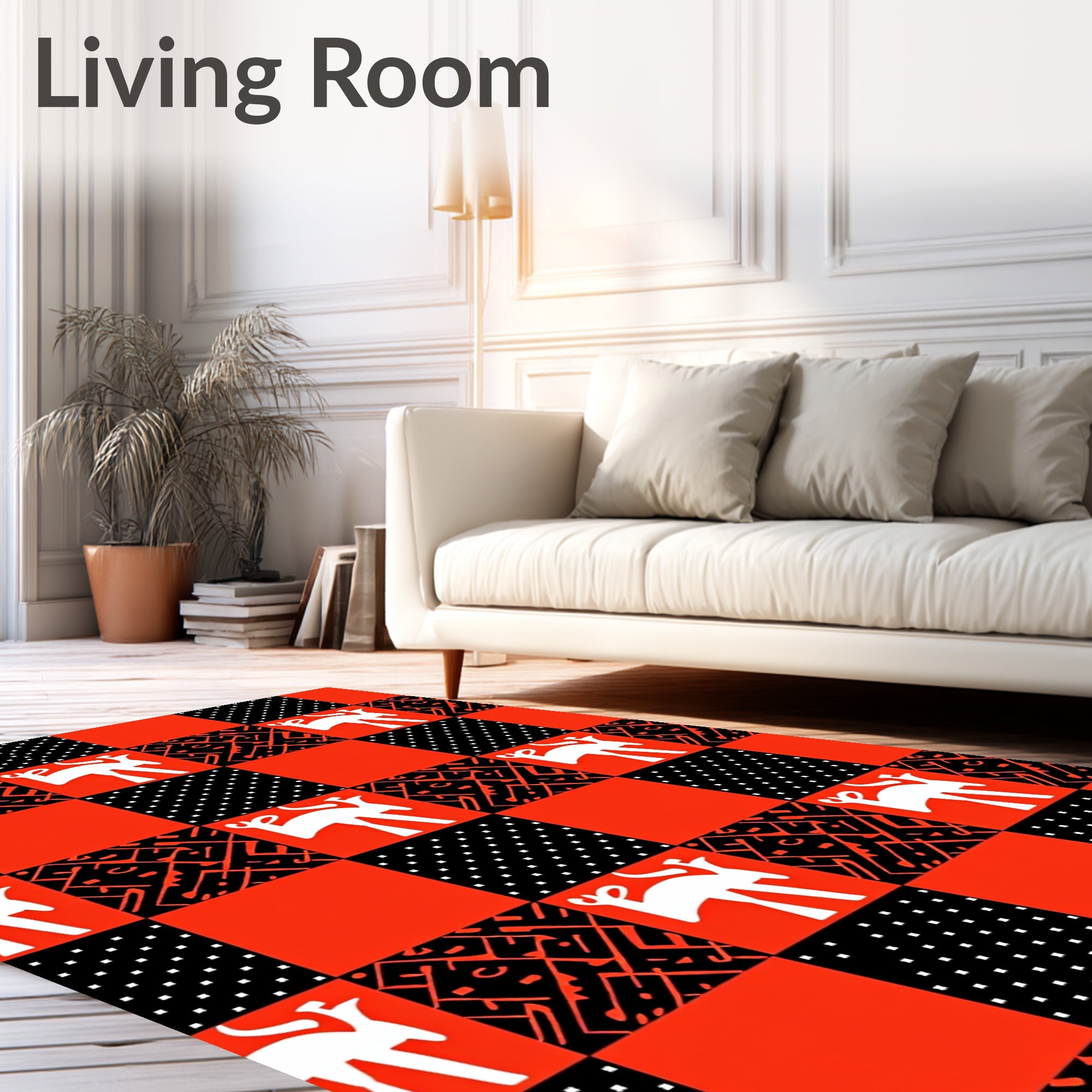 Bold Red White Deer Checkered Geometric Rug