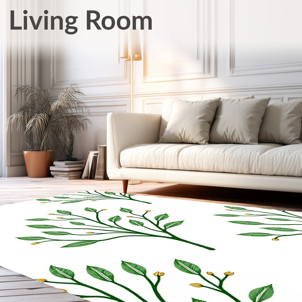 Emerald Green Branch Buds on White Rug