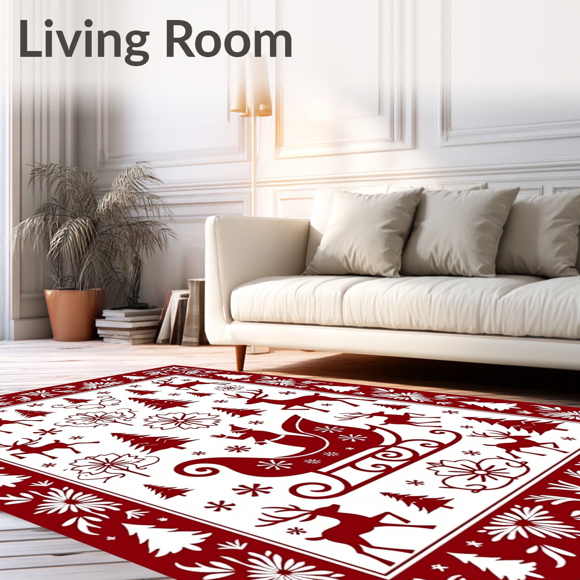 Festive Red Santa Sleigh Deer Garland Rug