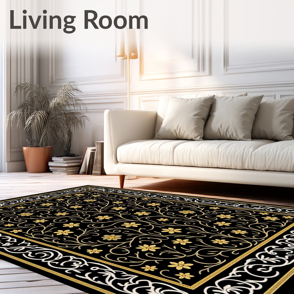Elaborate Black Golden Floral Vine Rug
