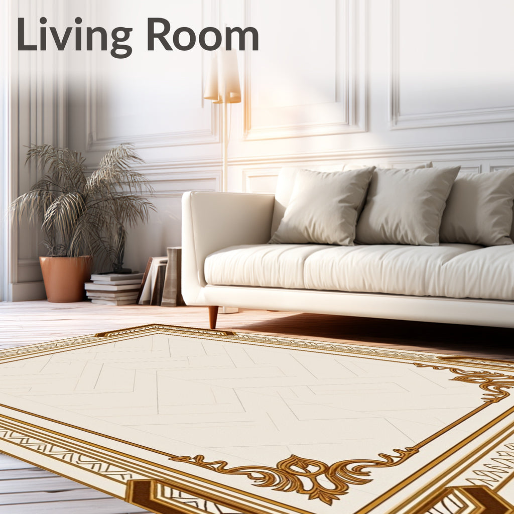 Elegant Cream And Brown Geometric Border Rug