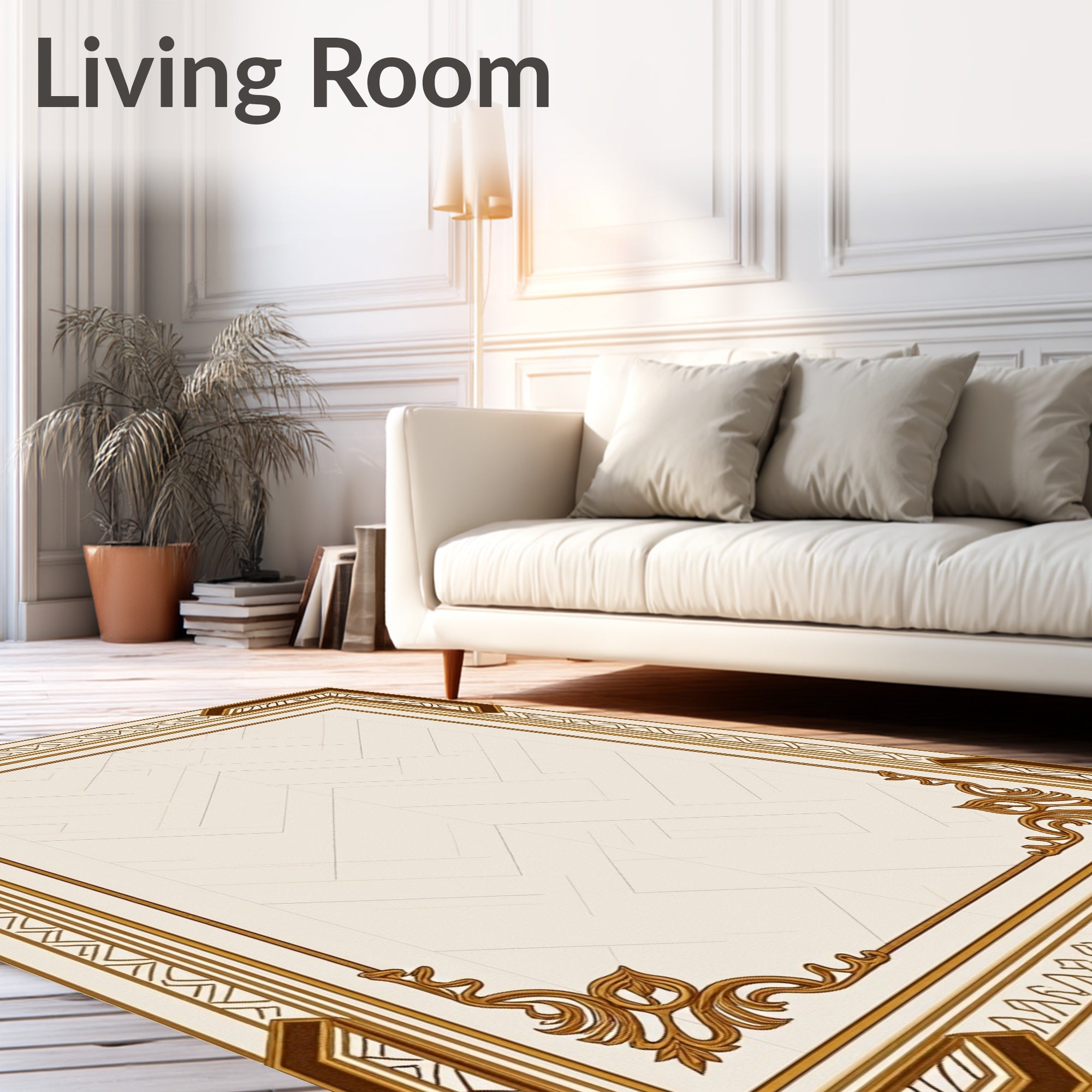 Elegant Cream And Brown Geometric Border Rug