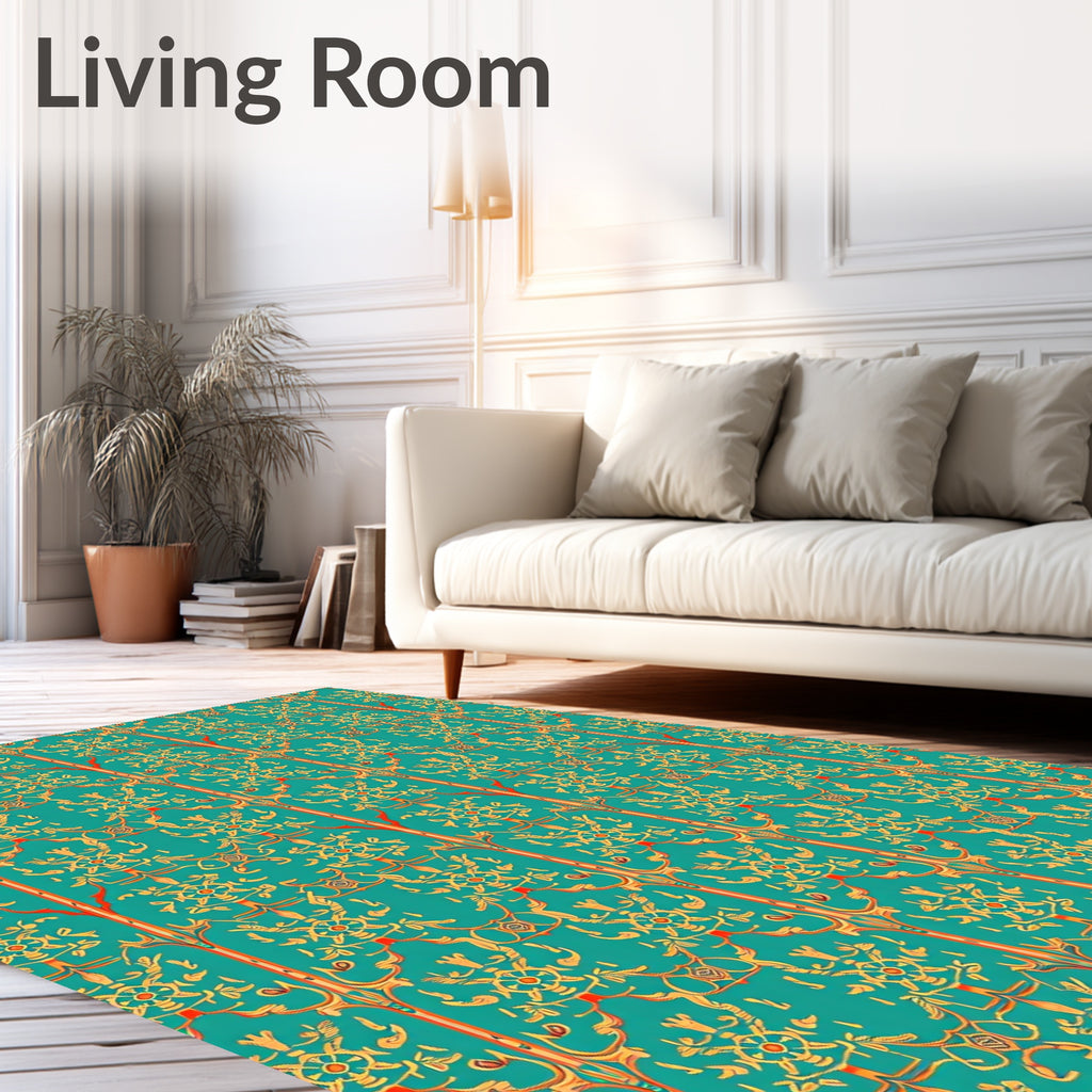 Ornate Teal Gold Floral Vertical Rug