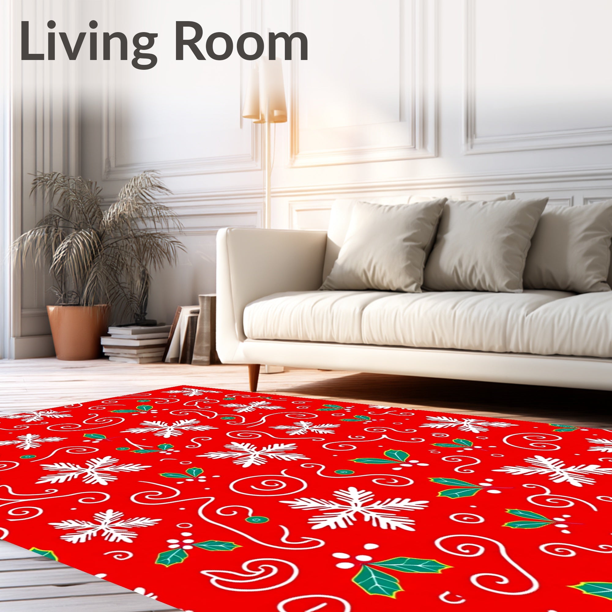 Festive Red Snowflake Holly Swirls Rug