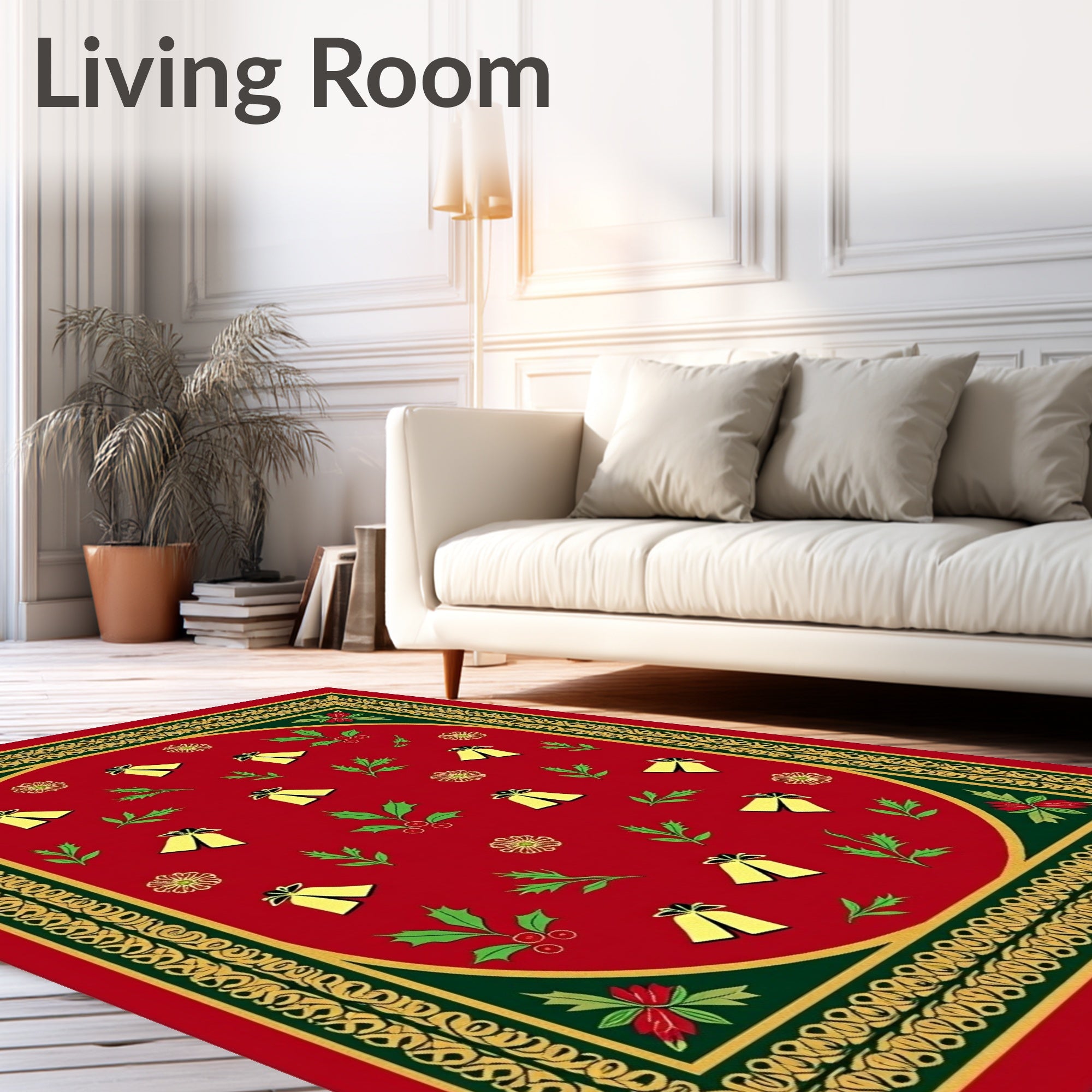 Red Golden Bell Festive Holly Border Rug
