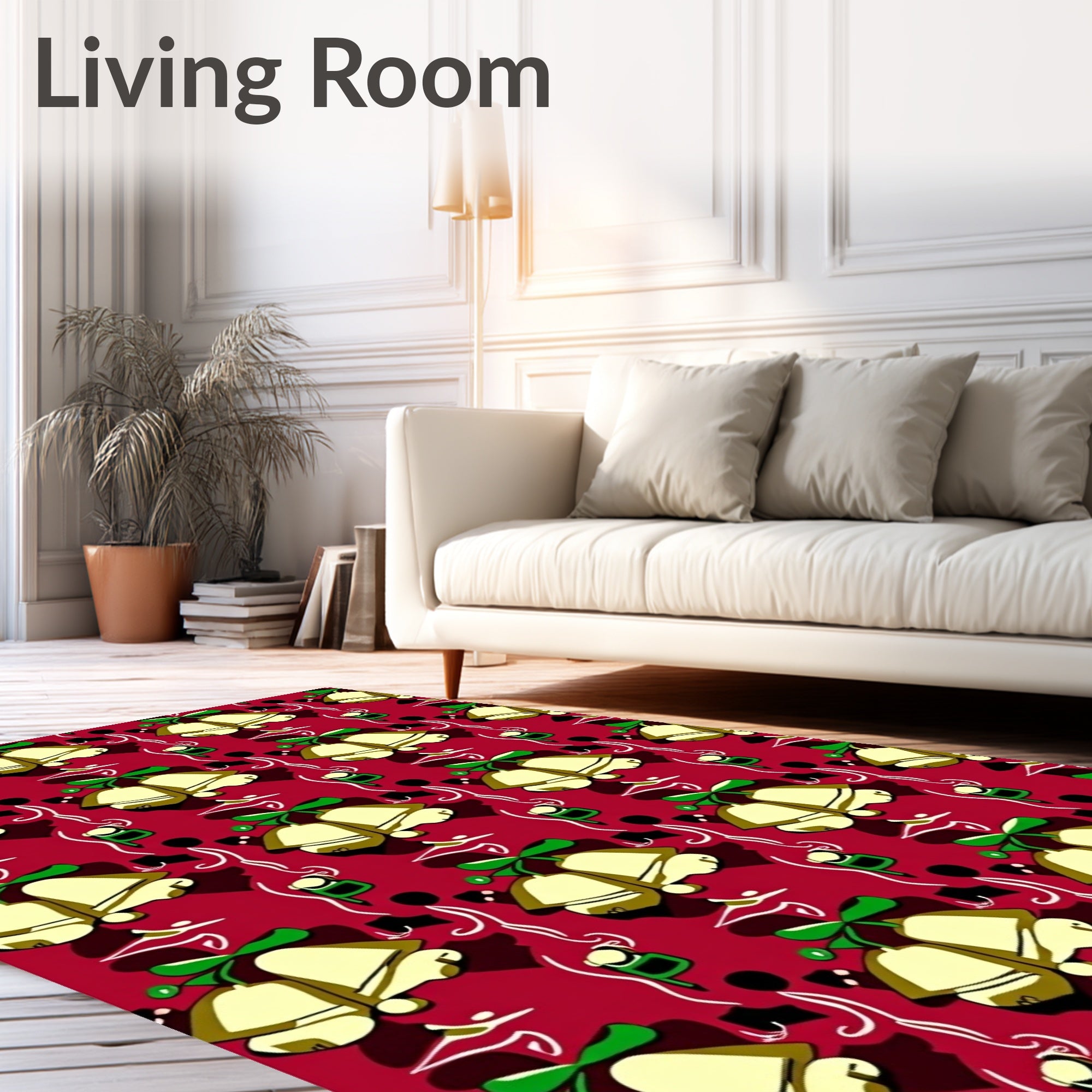 Festive Golden Bells Red Background Rug