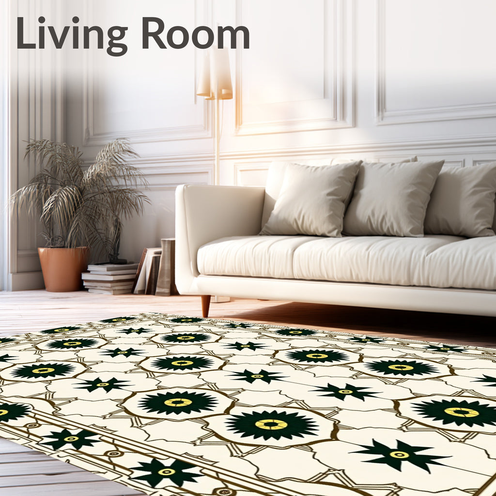 Cream Green Floral Starburst Medallion Rug