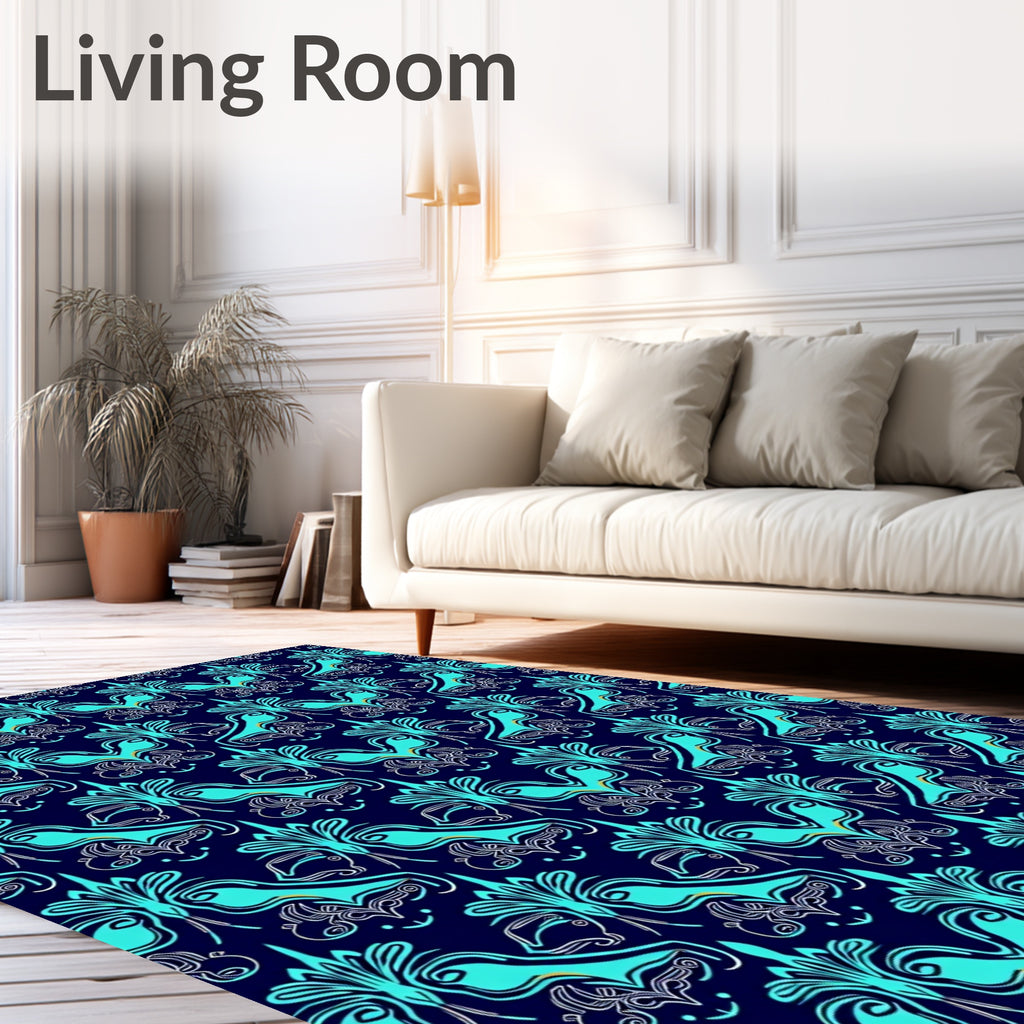 Deep Blue Teal Ornamental Flock Rug