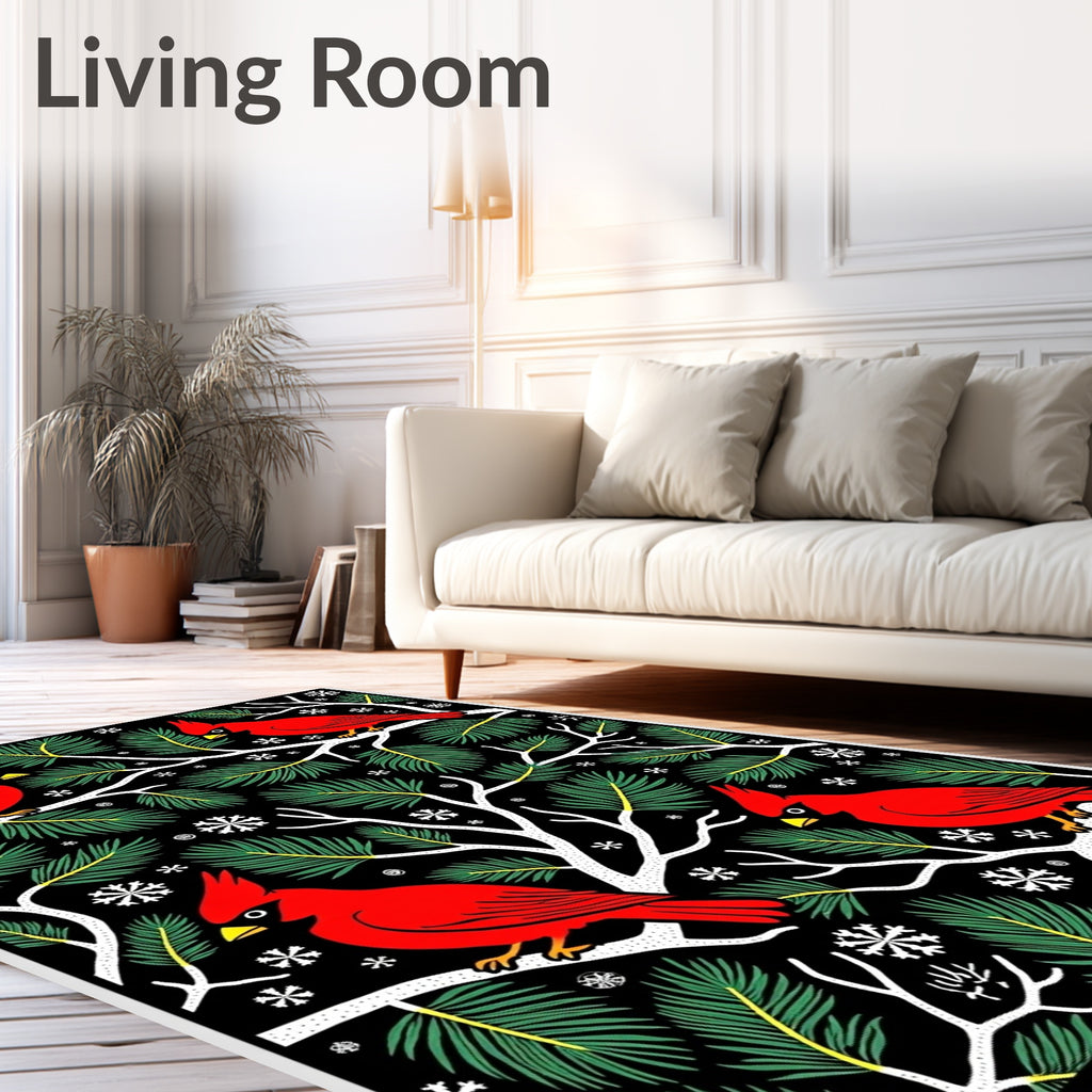 Crimson Cardinals Pine Branch Snowflakes Rug