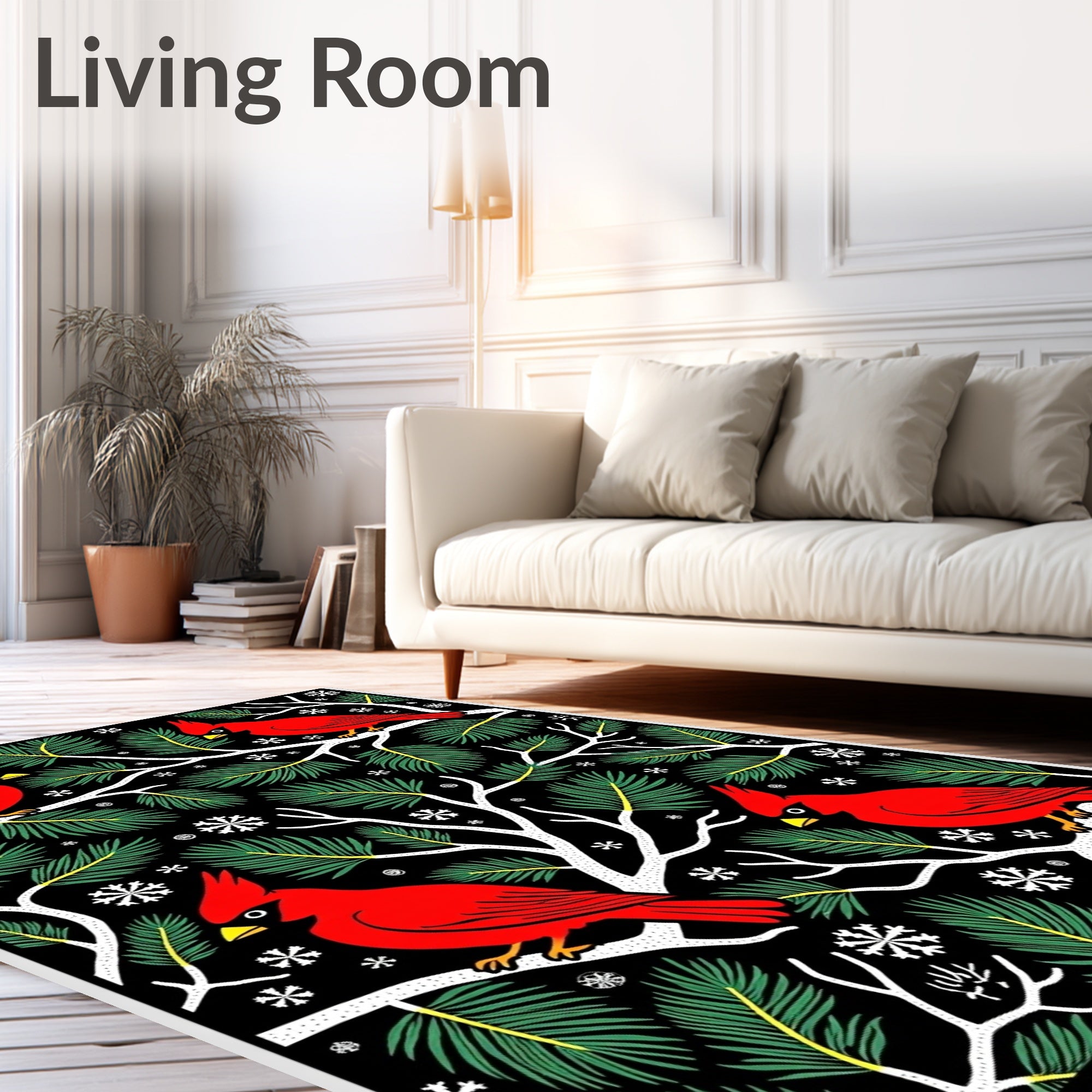 Crimson Cardinals Pine Branch Snowflakes Rug