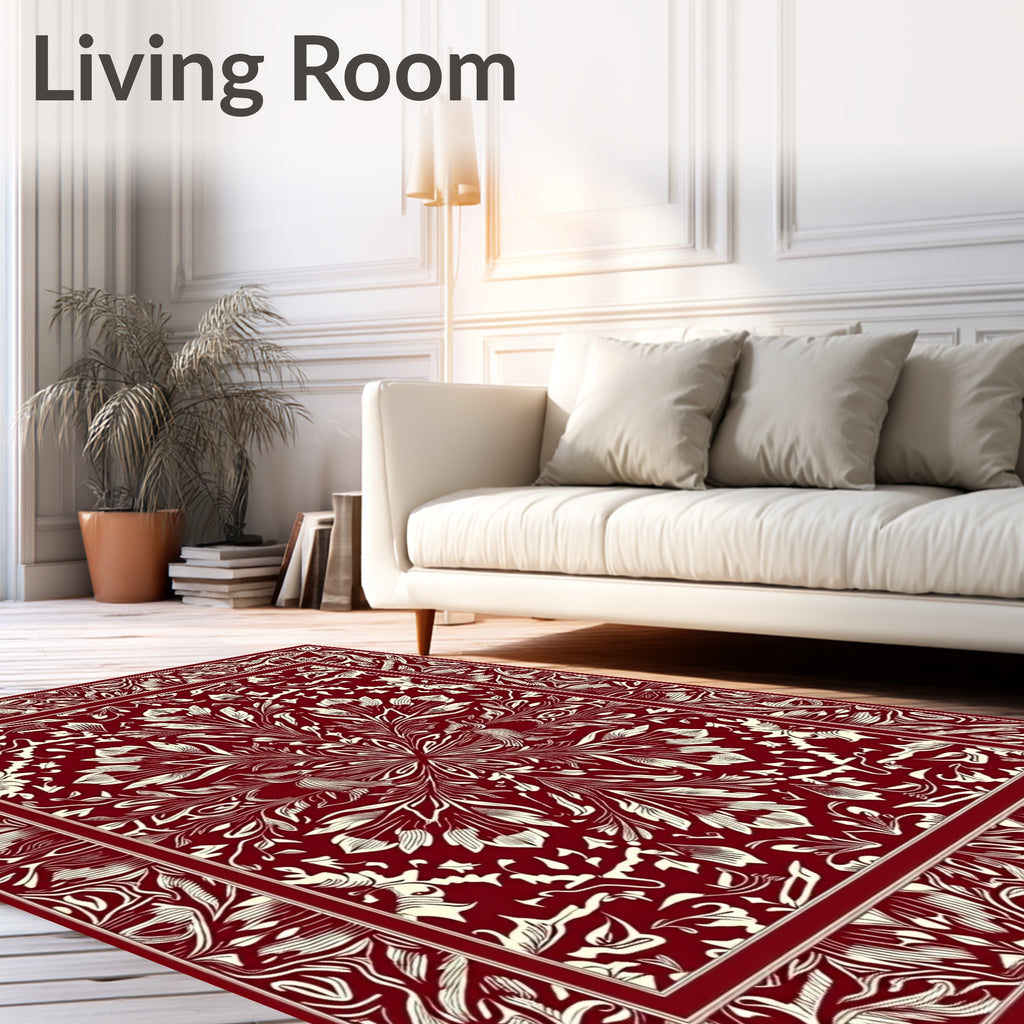 Deep Red Floral Burst Mandala Rug