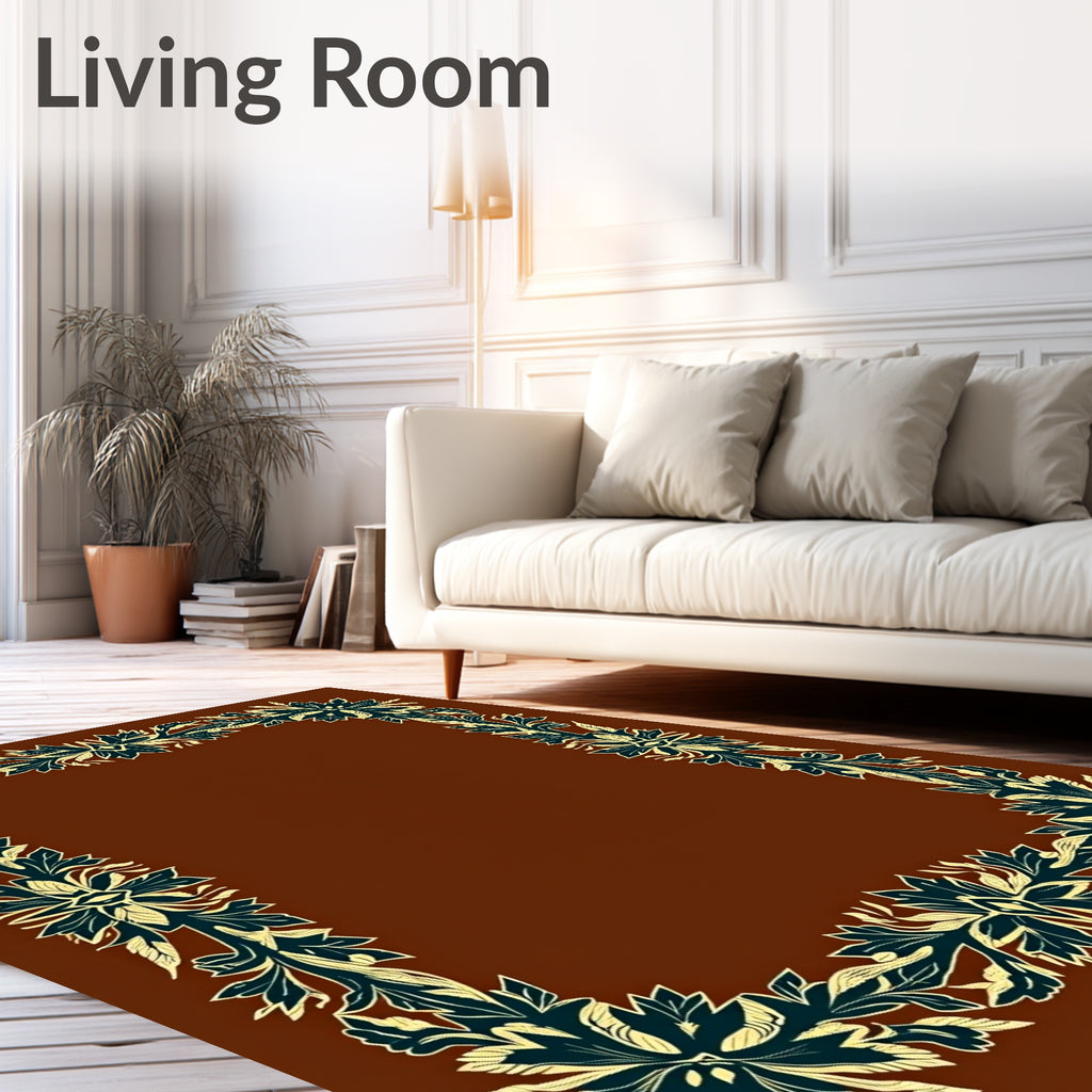 Deep Teal Floral Scroll Border Rug