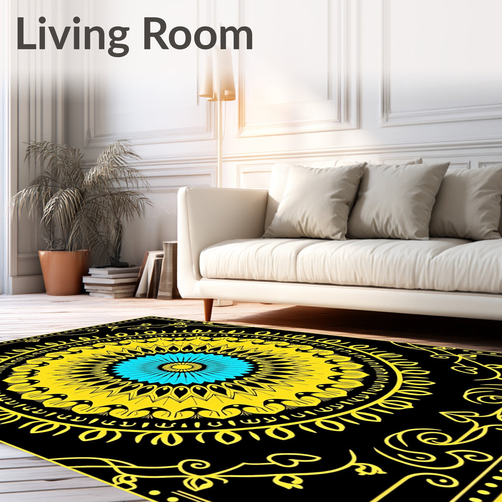 Vibrant Yellow Blue Central Medallion Rug