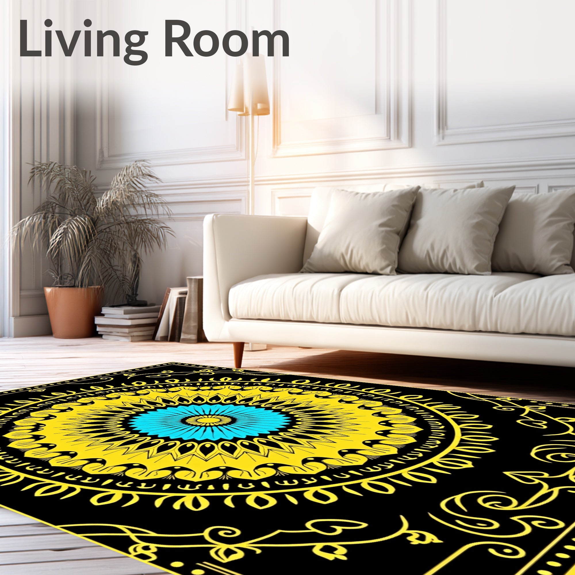 Vibrant Yellow Blue Central Medallion Rug