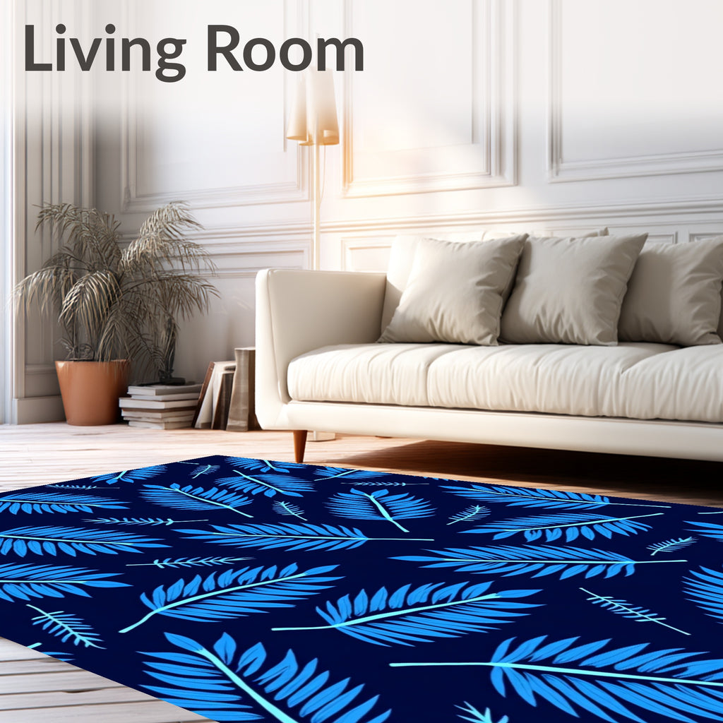 Deep Blue Tropical Fern Leaves Rug