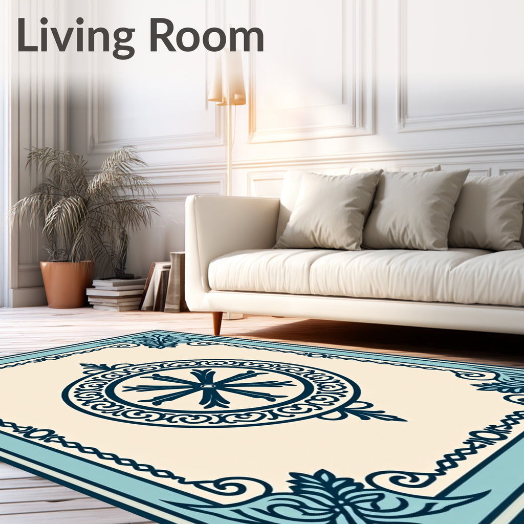 Navy Blue Ivory Mandala Floral Border Rug