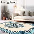 Navy Blue Ivory Mandala Floral Border Rug