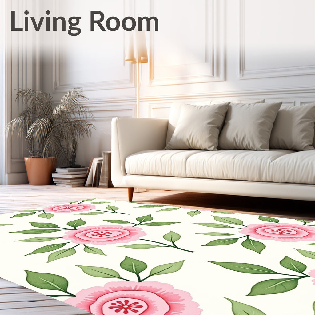 Pink Flower Garden With Green Leaves Rug