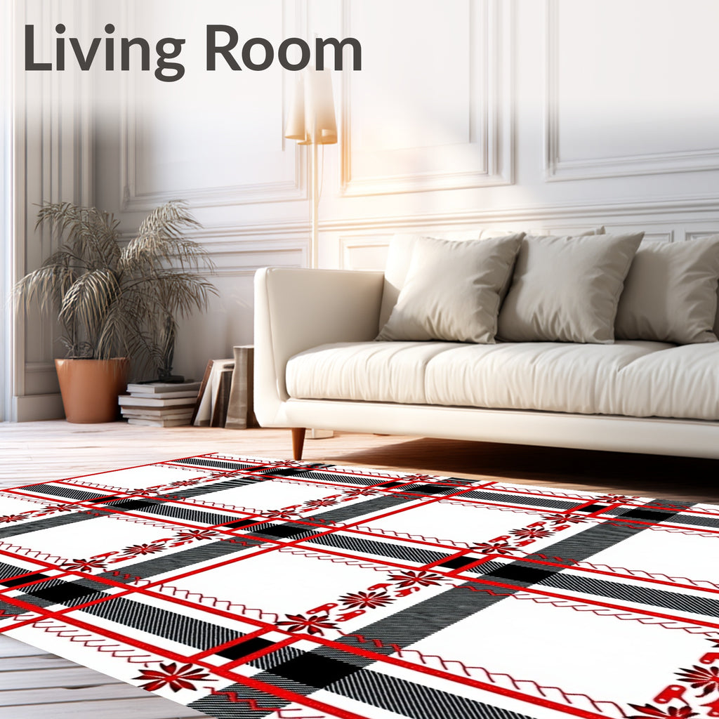 Red Black White Plaid Floral Stripe Rug