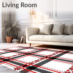 Red Black White Plaid Floral Stripe Rug