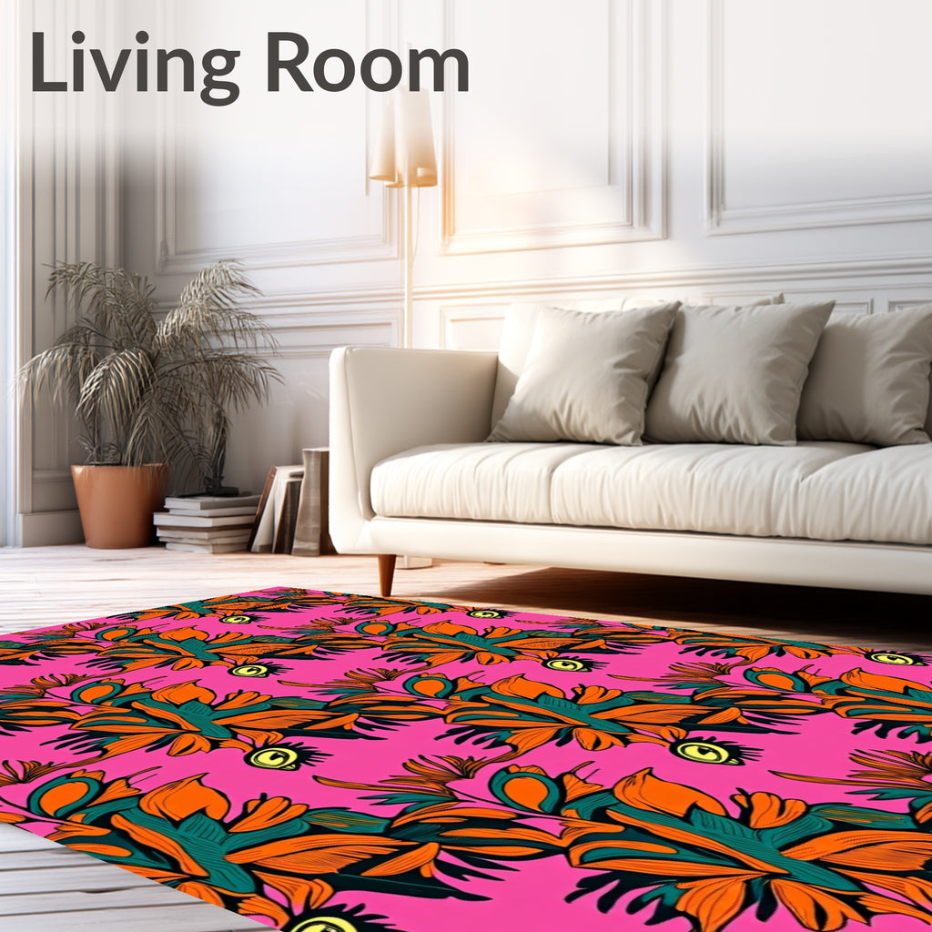 Bold Orange Teal Botanical Floral Rug