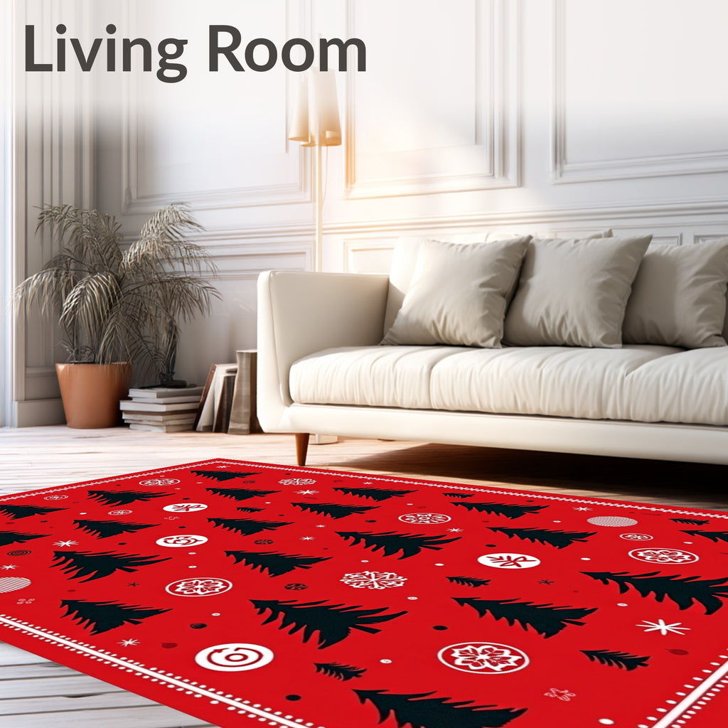 Red Black Christmas Tree Snowflakes Medallions Rug