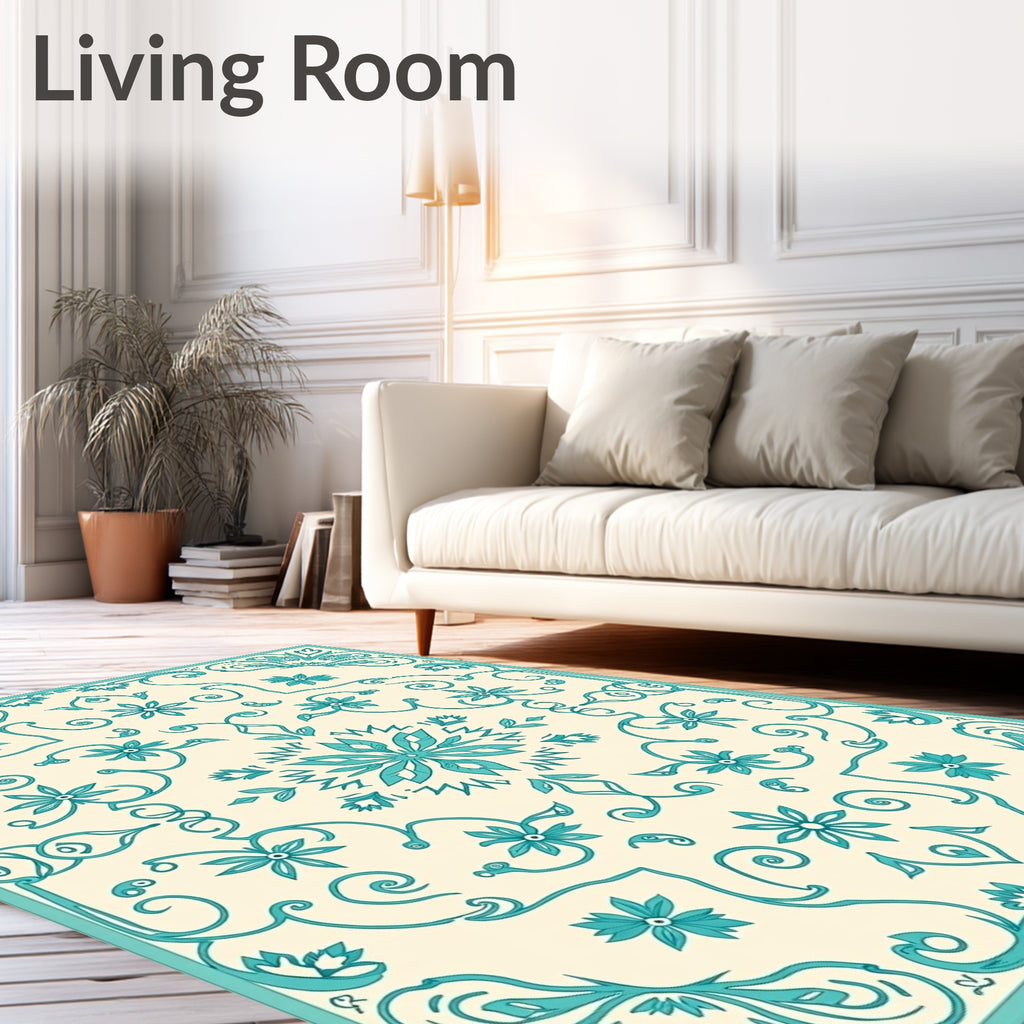 Teal Floral Scroll Medallion Rug