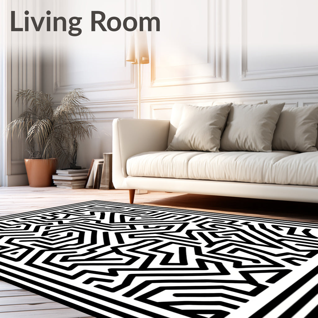 Abstract Black White Maze Lines Rug