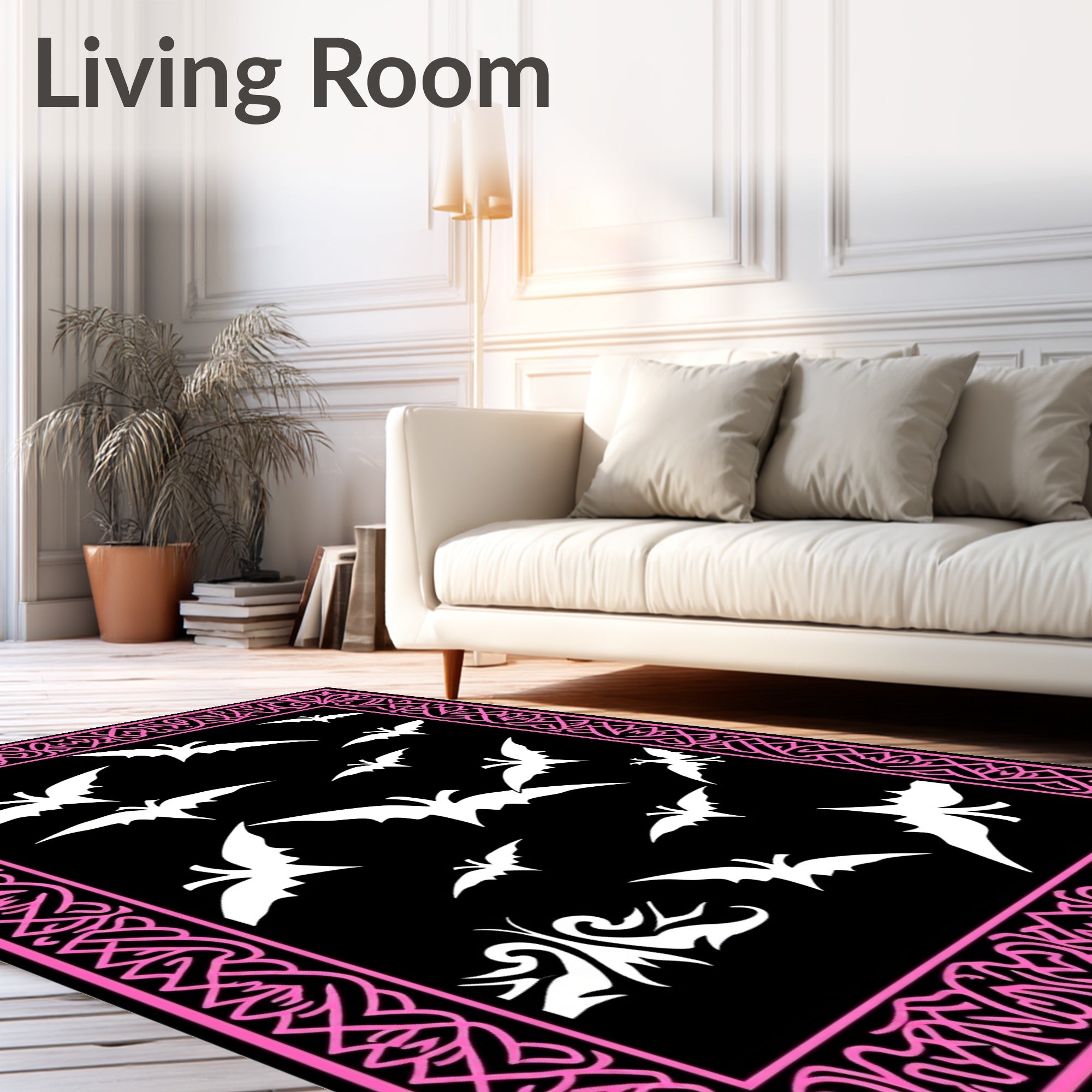 Gothic Pink Bat Border Black Rug