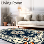 Ornate Navy Cream Coral Floral Oval Rug