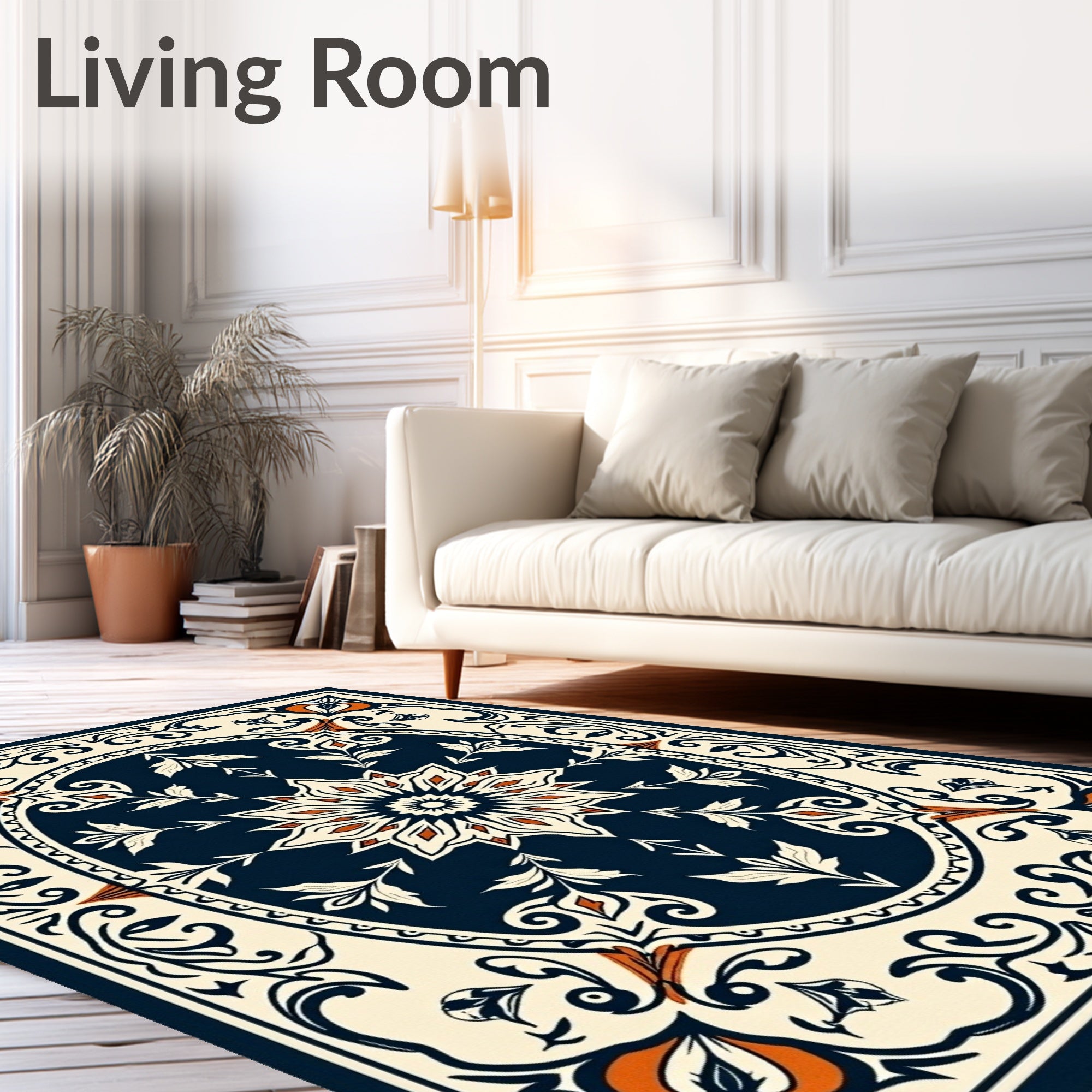 Ornate Navy Cream Coral Floral Oval Rug