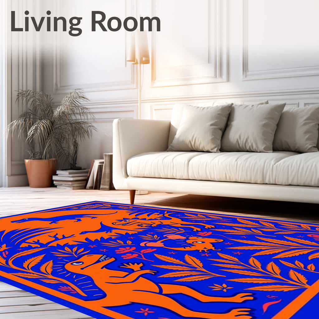 Bold Blue Orange Dinosaur Jungle Rug