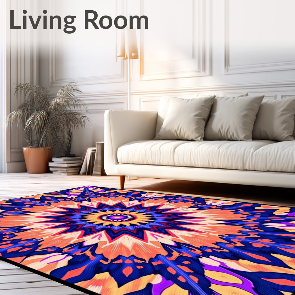 Vibrant Orange Blue Starburst Kaleidoscope Rug