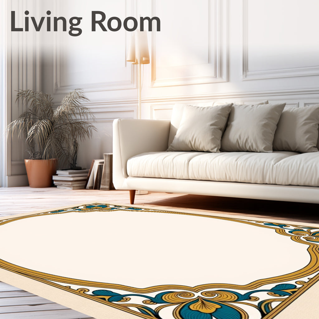 Gold Teal Floral Art Nouveau Frame Rug