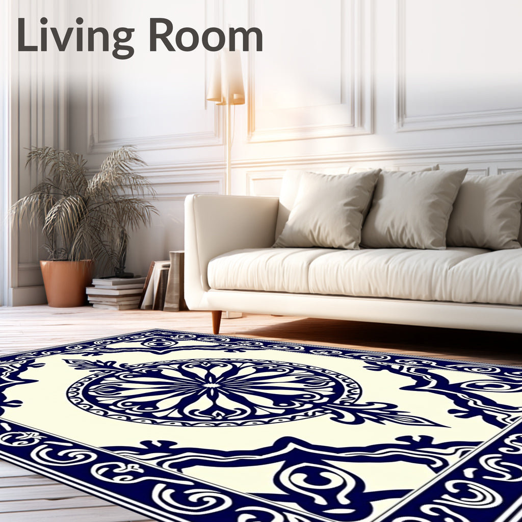 Deep Blue Ornate Medallion Border Rug